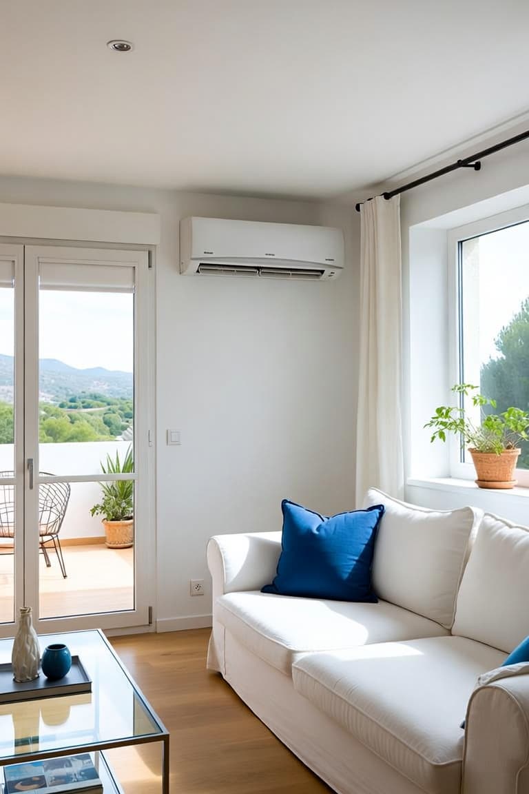 Salon moderne avec climatisation et vue sur les collines corses