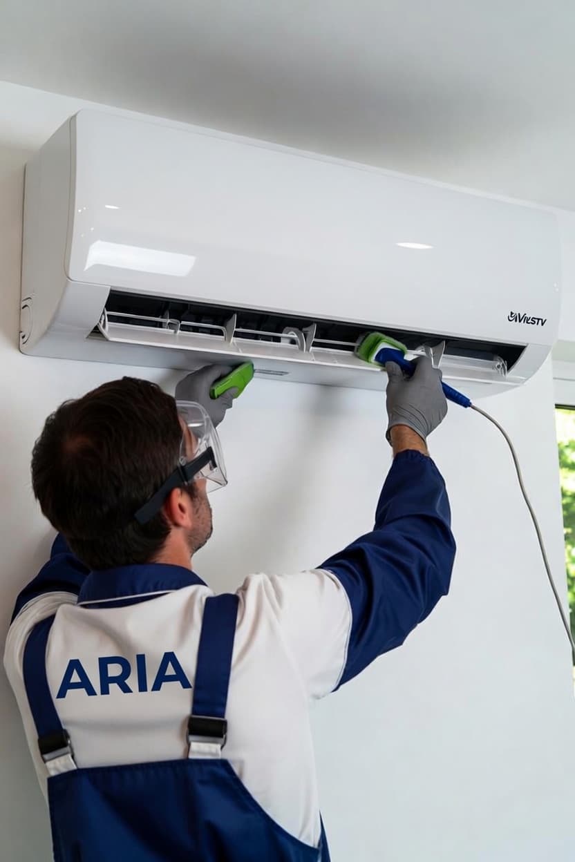 Technicien ARIA nettoyant en profondeur une climatisation murale à Bastia