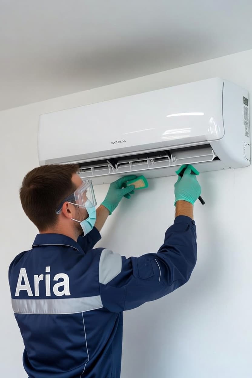 Technicien ARIA en intervention de désinfection de climatisation avec équipement professionnel