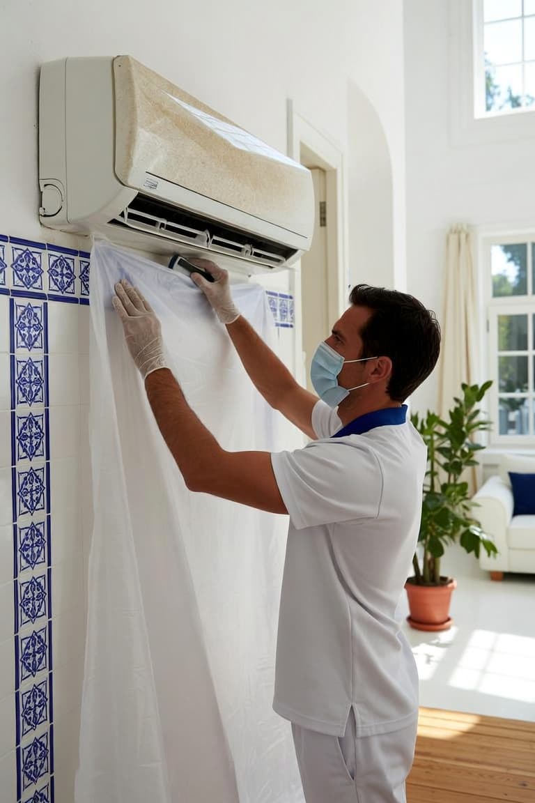 Technicien ARIA protégeant la zone avant nettoyage de climatisation